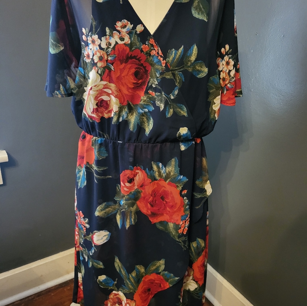 Navy with red flowers knee length dress